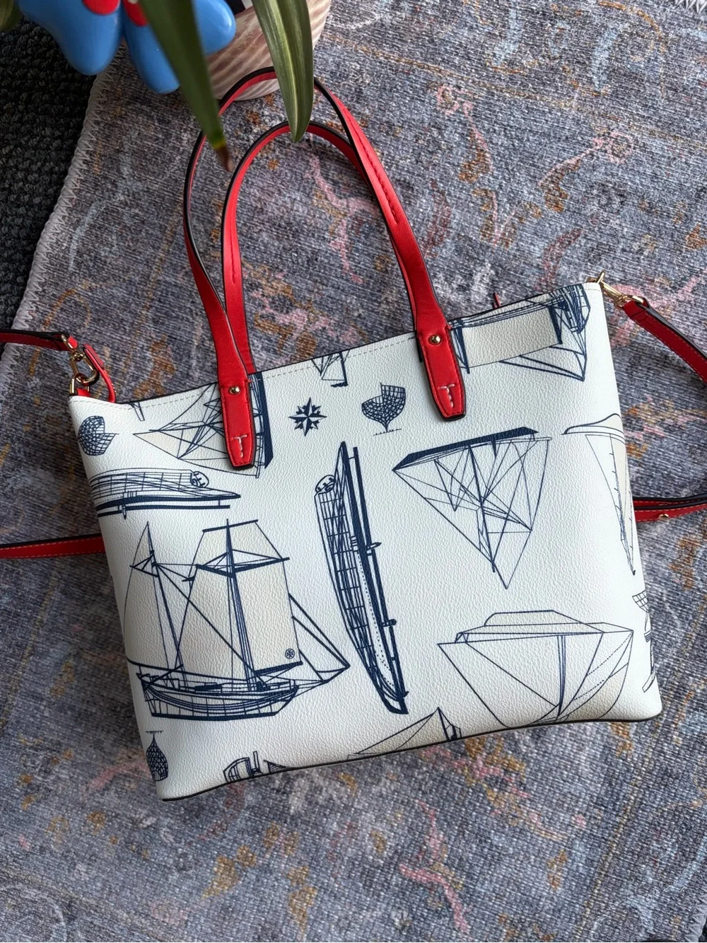 Tory Burch ‘Kerrington’ Small Nautical Ship Print Tote Orange-Red Trim & Strap